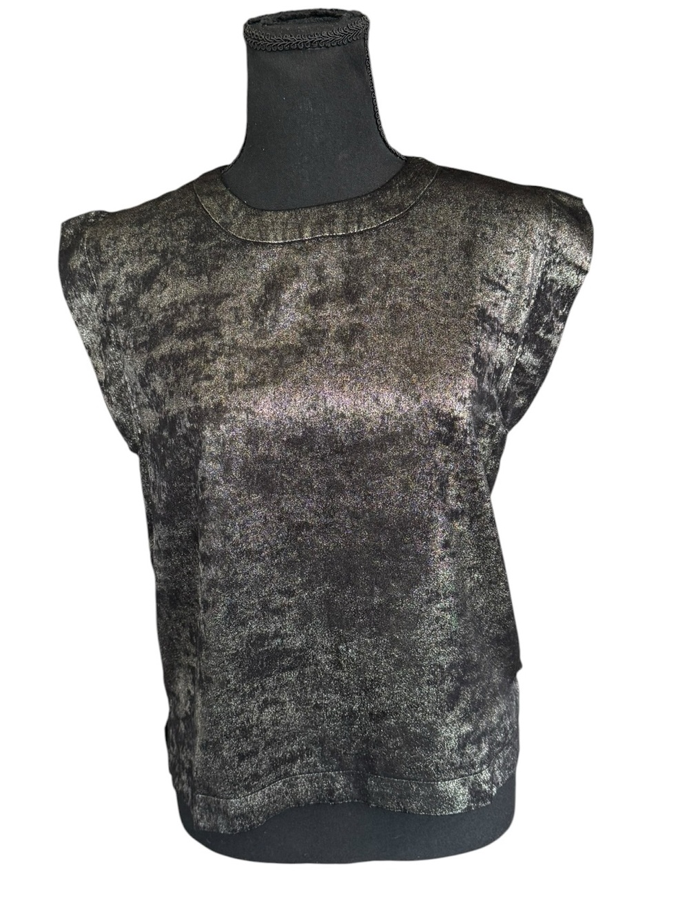 Evereve Metallic Shoulder Pad Top XS Silver Black Shimmer Party Glam Chic K34